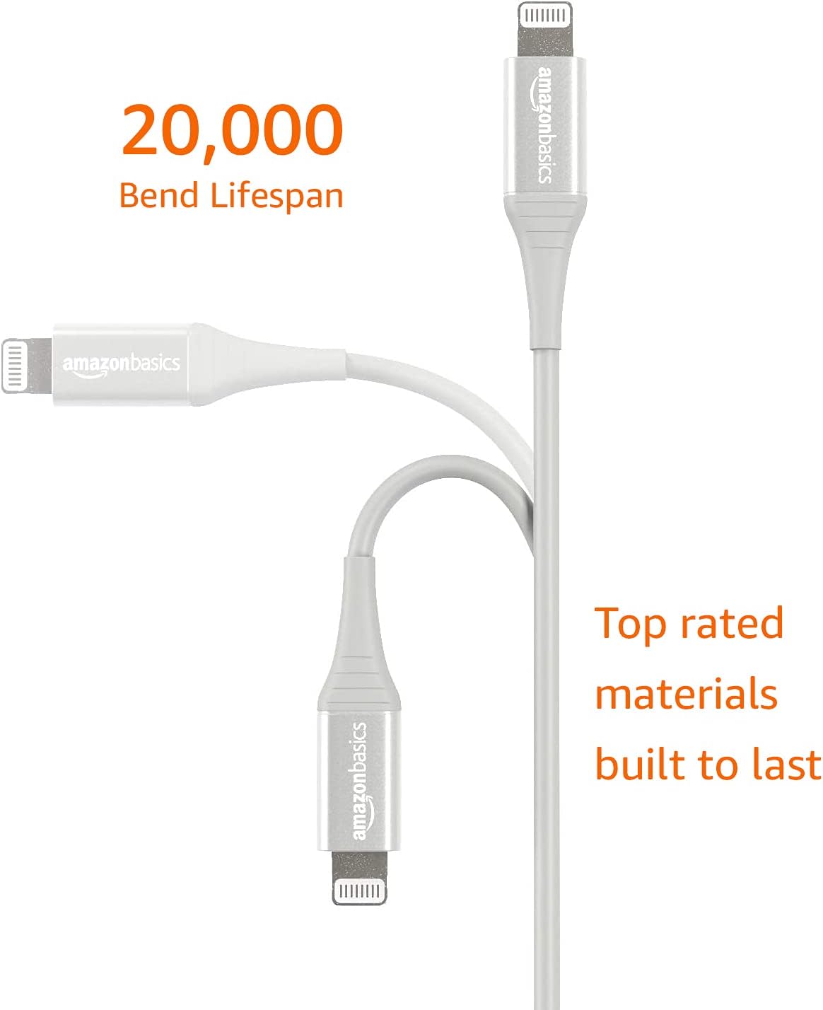 Amazon Basics ABS USB-A to Lightning Cable Cord, MFi Certified Charger for Apple iPhone, iPad, 20,000 Bend Lifespan - Silver, 3-Ft