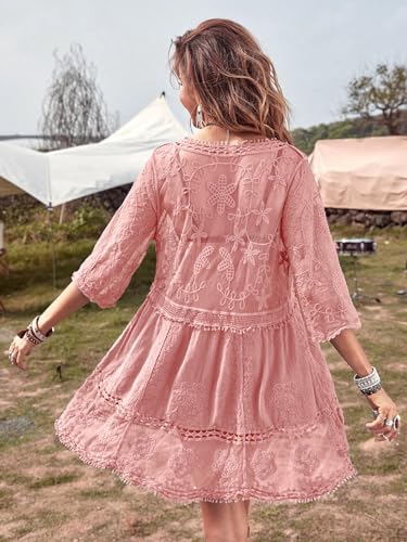 Image of Eomenie Women's Contrast Lace Bathing Suit Cover Up V-Neck Swimsuit Coverups Loose Swimwear Beach Dress Beachwear
