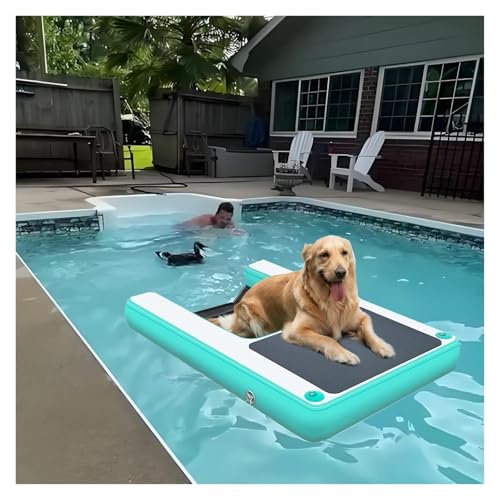 Foldable Dog Inflatable Floating Dock Large, 3.9in Thick Portable Pet Dock Platform Extra Large with Weighted Mesh Under Water & 3D Steps, 59in Dog Pool Ramp Above Ground(Green,1 pc)