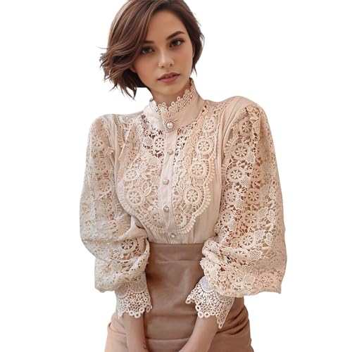 Petalum Femme Chemisier Dentelle Chic Chemise Victorien à Manche Longue Bouffante Ballon Sexy Chemisier Gothique Lolita Lace Ajouré Top Blouse Renaissance Elégant Vintage (Abricot, Taille 40(2XL))