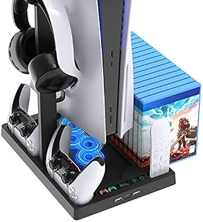 Cooling Fan Compatible with PlayStation 5, FASTSNAIL Compatible with PS5 Console Vertical Stand and Controller Charger Charging Dock, With Card Storage&Headset Holder&Media Remote Slot etc.