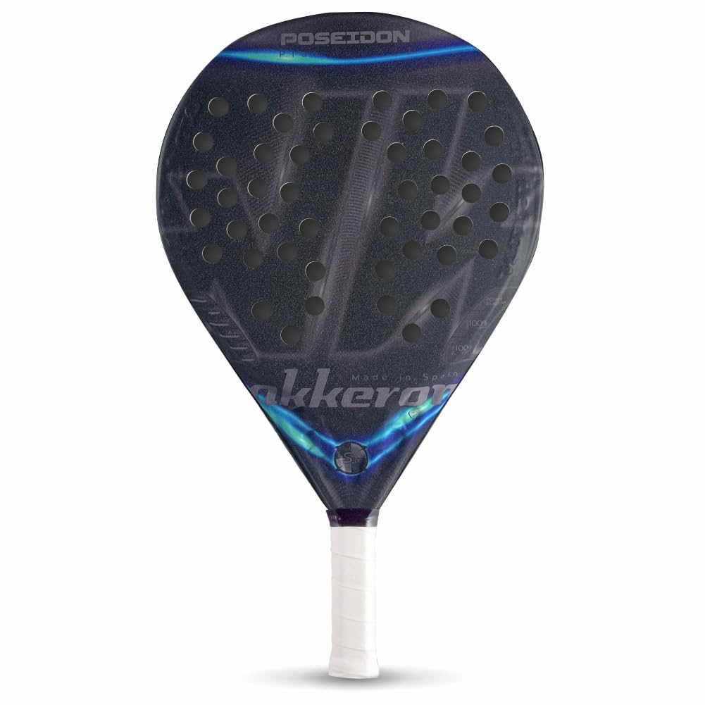 AkkeronPadel Racket - Poseidon Platinum Model - 100% Carbon - Power Blast EVA - Teardrop Shape - Rough Varnish - Control/Power - 350/365g