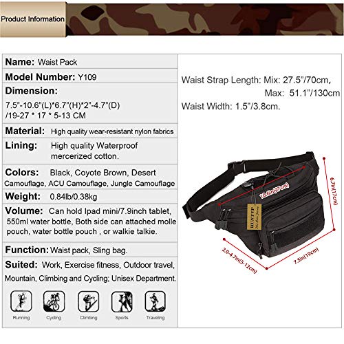 Huntvp Military Hip Fanny Pack Tactical Waist Bag Packs Waterproof Hip Belt Bag Pouch For Hiking Climbing Outdoor Bumbag Black #TOP1