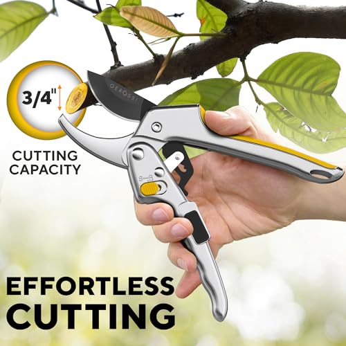 Image of Ratchet Pruning Shears for Gardening Heavy Duty - Increases Cutting Power 3x - Perfect Ratchet Pruners for Weak Hands & Arthritis - 8 inch Anvil Garden Clippers - Sharp Blade for Effortless Cutting-Yellow