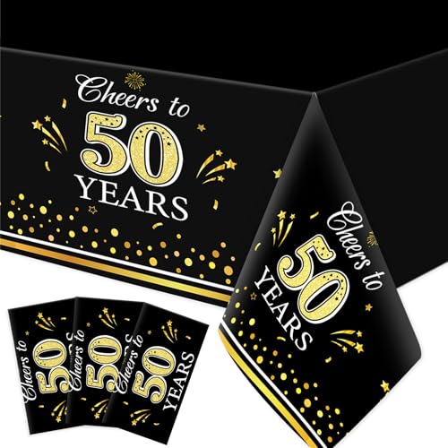 Image of Ganeen 3 Pack 50th Birthday Tablecloth, Black and Gold 50th Birthday Decorations Disposable Plastic Cheers to 50 Years Table Cover Rectangular Party Supplies for Men Women, 54 x 108 Inch