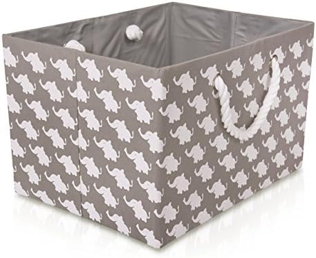 Foldable Grey Canvas Storage Basket Rectangle Fabric Basket with White Elephants  Perfect for Household Storage, Fabrics or Toys. Size: Width 42cms x Depth 32cms x Height 28cms