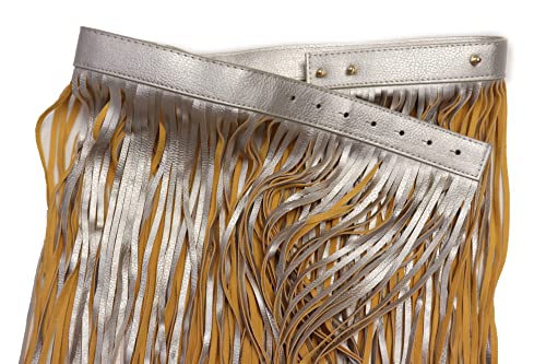 Women Skirt Fashion Belt - Wrap Around Long Faux Leather Waistband Fringes Tassel XS S Beige Silver 6