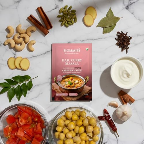 Image of Hommies Dhaba Kaju Curry Masala Spice Mix | Ready to Cook in 15 Mins | Just Add Paneer & Milk | Shahi Cashew Curry Masala | Serves 4 | Made with Cashew Nuts | No Preservatives | Pack of 4 (200g, 50g Each)