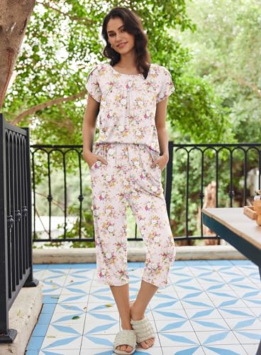 Image of Ekouaer Women's Capri Pajama Set Short Sleeve Mumu Pjs Pleated Top Capri Pants with Pockets Sleepwear Lounge Set
