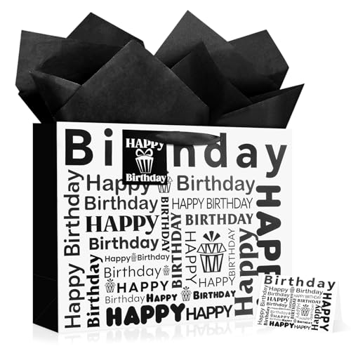 Image of JMANNI Large Happy Birthday Gift Bag with Tissue Papers and Greeting Card,Portable Paper Gift Bags with Handles,White and Black Present Bags for Women Men Birthday Party Supplies13 x 10.2 inch x 4.7 inch