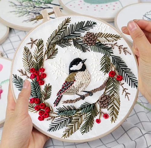 Image of Huacan Embroidery Kits for Adults Beginner DIY Cross Stitch Stamped Christmas Pattern Stitching Wreath Sewing Kit 1 Piece 7.8 x 7.8 Inch