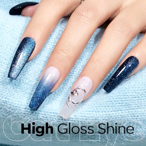 Image of modelones Cat Eye Gel Nail Polish,Blue Glass Nail Polish Sparkle Reflective Glitter Polish Spring Deep Navy Blue Translucent U V Magnet Soak Off LED Nail Art Gel Top Coat DIY Salon 15 ML