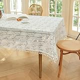Polyester Nappe Anti Tache Ronde, Gris Nappe de Table de Ferme à Motif de Vigne avec Pompon pour Salle à Manger/fête/Buffet/Mariage  140x180cm