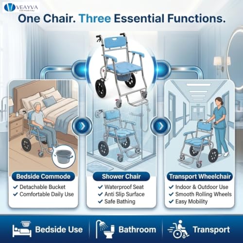 Image of VEAYVA Premium Shower Commode Wheelchair for Adults & Elderly | 3-in-1 Foldable Reclining Aluminium Wheelchair | 12 Inch PVC Rear Wheels with Hand Brakes | Fully Waterproof | Lockable Front Wheels | Bedside Commode & Shower Chair (12 INCH)