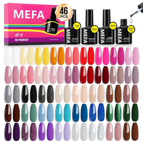 MEFA 46Pcs Gel Nail Polish Kit, 42 Colors All Seasons Gel Polish Set Nude Macaron Colorful Starter Kit with Gel Base Coat & Glitter/Glossy/Matte Top Coat Gel Nail Art Manicure DIY Salon Gifts