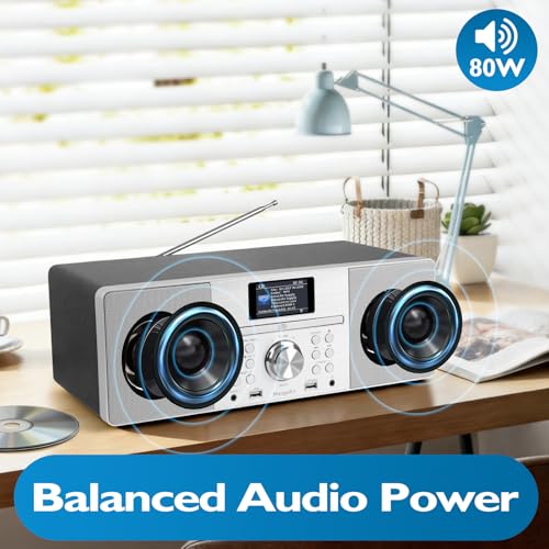 Image of MS1 CD Player, FM Radio, Bluetooth Streaming, Powerful Stereo HiFi System, Full Colour Display, 60 Presets, Remote, Acoustic Wooden Cabinet, AUX in, USB Playback and Charging, HP Jack, Black