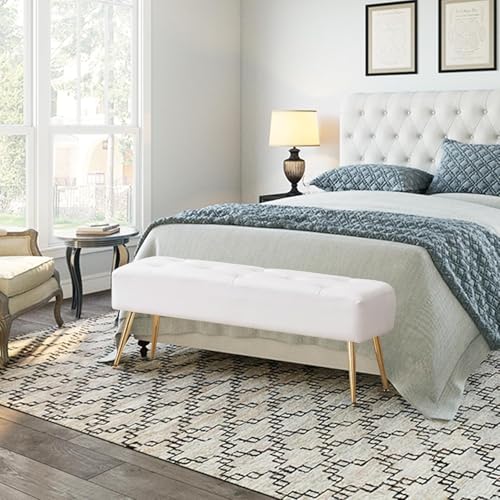 Image of Modern Upholstered Tufted with Gold Metal Legs | White Faux Leather Ottoman Upholstered for Bedroom, Living Room & End of Bed Seating | Accent Furniture with Padded Cushion Seat | White