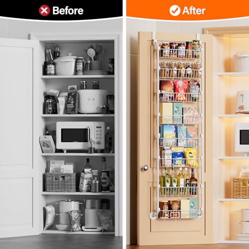 Image of Delamu Over The Door Pantry Organizer, 8-Tier Metal Pantry Door Organization and Storage for Easy Install, Hanging Spice Rack Seasoning Shelves, Door Organizer for Kitchen, 4.65 inchD x 18 inchW x 65 inchH, White