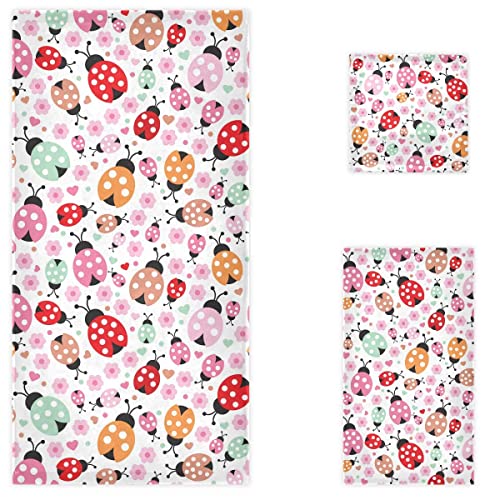Naanle Cute Colorful Ladybug Flowers Soft Luxury Decorative Set Of 3 Towels, 1 Bath Towel+1 Hand Towel+1 Washcloth, Multipurpose For Bathroom, Hotel, Gym, Spa And Beach #TOP7