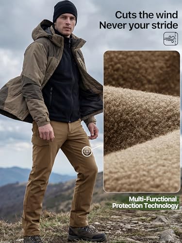 Image of FREE SOLDIER Men's Outdoor Softshell Fleece Lined Cargo Pants Snow Ski Hiking Pants with Belt