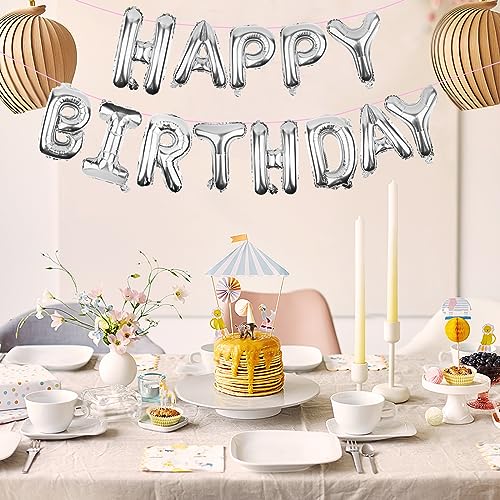 Image of Silver Happy Birthday Balloons Banner (3D Silver Lettering) Mylar Foil Letters | Inflatable Party Decor and Event Decorations for Kids and Adults | Reusable, Ecofriendly Fun