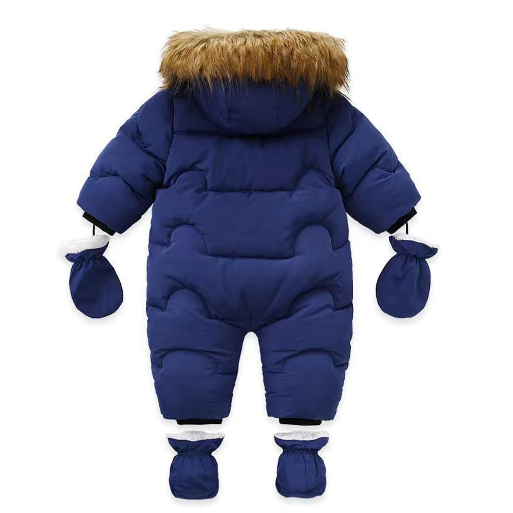 Bambino Inverno Tuta da Neve con Cappuccio Giacca Piedi Pagliaccetto con Guanti Neonato Tuta con Pelliccia Staccabile Blu 12-18 mesi