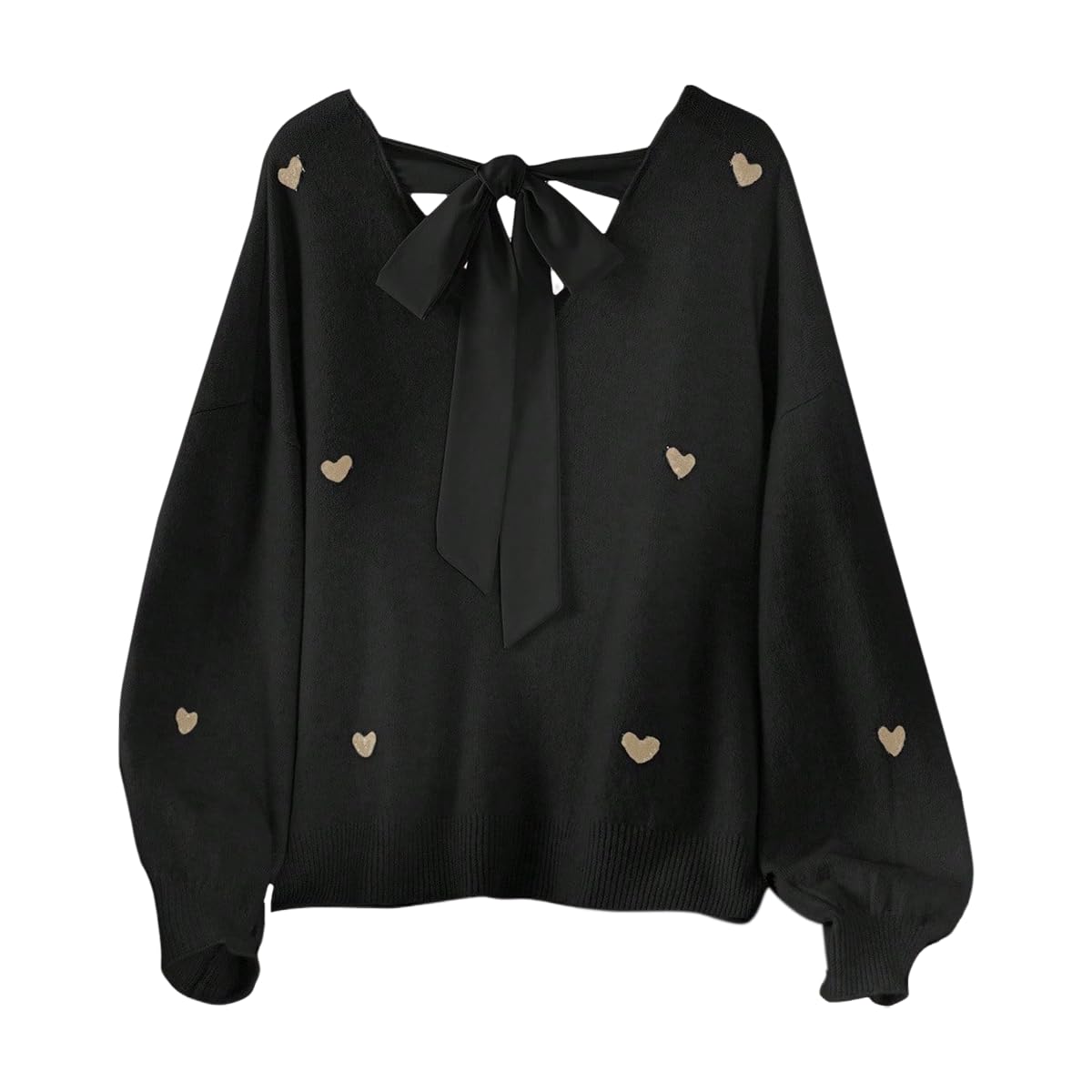 Womens Plus Size Heart Graphic Sweaters Y2k Bow Tie Back V Neck Long Sleeve Knitwear Tops Fall Clothes