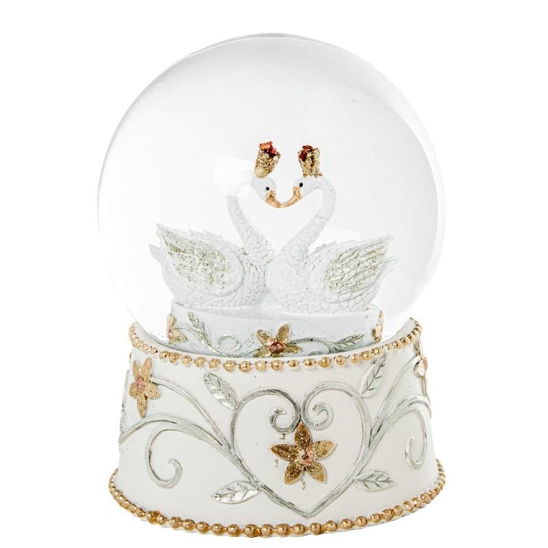 DRW Figura de una Bola de Nieve de Resina con cisnes en Blanco, Dorado y Plateado 13.5x10x10 cm