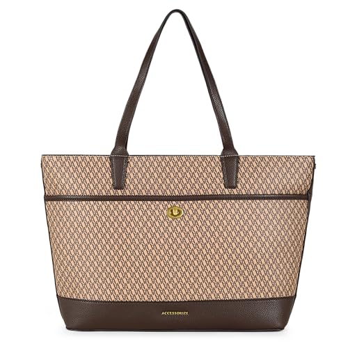 Image of Accessorize London Women's Brown Monogram Print Tote Bag | Large Capacity Handbag | Stylish Shoulder Bag For Ladies