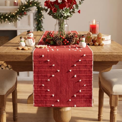 Artoid Mode Red Farmhouse Rustic Cotton Woven Table Runner, Seasonal Christmas Holiday Kitchen Dining Table Decoration for Home Party Decor 12x60 Inch