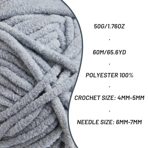 Image of Plush Chenille Chunky Crochet Yarn - Baby Yarn for Crocheting Soft - Velvet Yarns Knitting for Blankets Crafts - Fluffy Amigurumi Yarns 50g / 65.6yd (Grayish)
