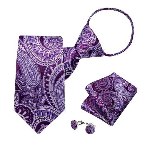 Image of DiBanGu Silk Zipper Ties for Men,Paisley Solid Plaid Pre-tied Tie and Pocket Square Cufflinks Set Formal Adjustable Necktie