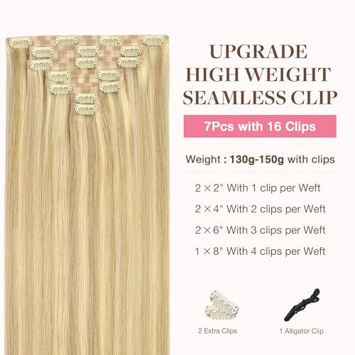 Image of GOO GOO Clip in Hair Extensions Real Human Hair, Remy Human Hair Extensions Clip ins for Women, Natural Human Hair, 18inch 130g 7Pcs, 18D /22F Dirty Blonde Highlights