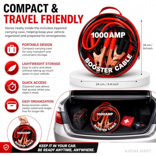 Image of AJIGNA MART 1000 AMP Car Booster Cable, Heavy Duty Jump Start Battery Cable with Copper-Coated Clamps, Portable Carry Bag, Suitable for Cars, SUVs, Vans & Small Trucks