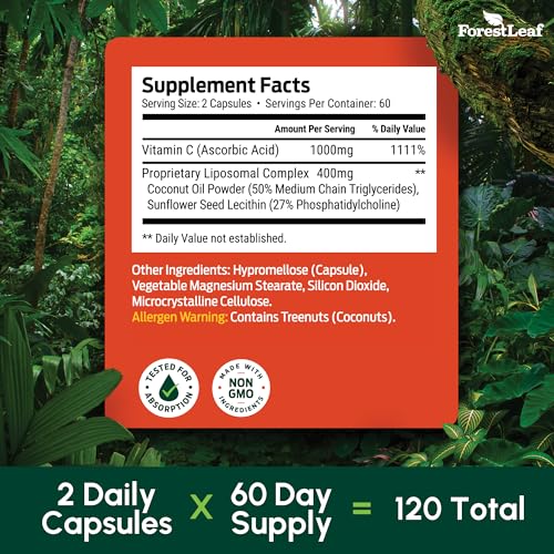 ForestLeaf Liposomal Vitamin C 1000mg Capsules | High Dose Vitamin C Liposomal Supplement w Coconut Oil Fatty Acids | Fast Absorption | Immune Support, Antioxidant, Collagen Production | 120 Vegan Cap