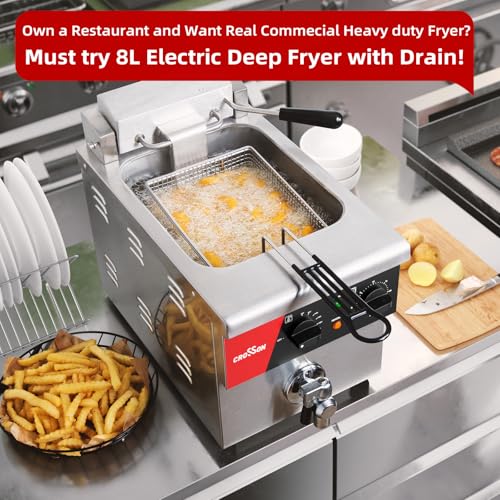 CROSSON Friteuse Electrique Professionnelle en acier inoxydable 8L,230V/3250W Friteuse a Huile électrique avec Robinet,Régulateur de Température 80℃-200℃,avec Panier et Couvercle – Image 5