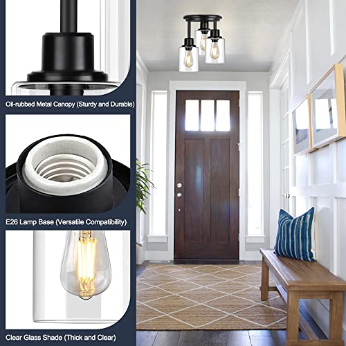 Rottogoon Semi Flush Mount Ceiling Light, 3-Light Close To Ceiling Light Fixtures, Matte Black Kitchen Light Fixtures With Clear Glass Shades, Hallway Light Fixtures Ceiling Mount For Foyer Entryway #TOP1