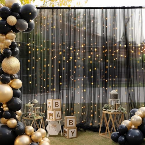 Image of 2pcs Backdrop Decoration Net Tulle Large Size, Nylon Made, Reusable, Soft, Wrinkled Free, 8 x 5 ft Each, Cabana Tent Party Decoration Items for Birthday, Anniversary (Black)