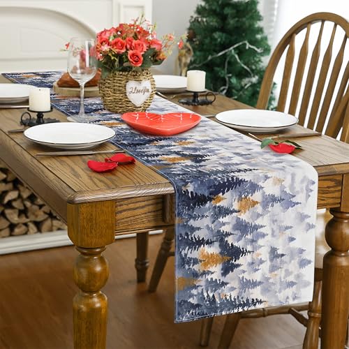 Image of Watercolor Forest Table Runner,Nature Landscape Forest Mountains Rustic Dining Table Ruuner Home Kitchen Party Living Room Table Decoration 13x72 inch