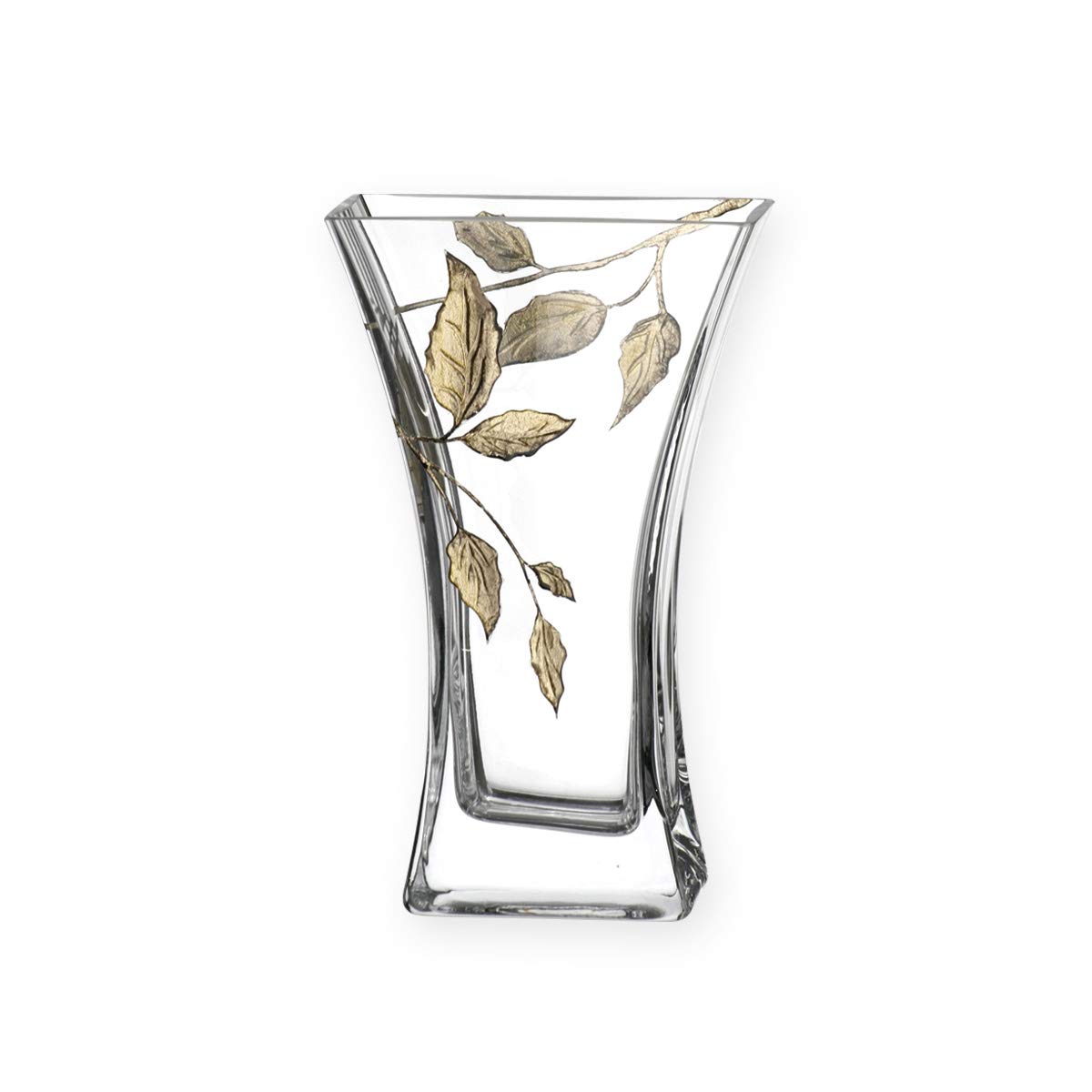 Quality Gold Contemporary Leaf Tendril Flat Flare Column Flower Vase - Mouth Blown Hand Decorated Glass - Ideal En Anniversary 50Th Wedding Gift 23Cm