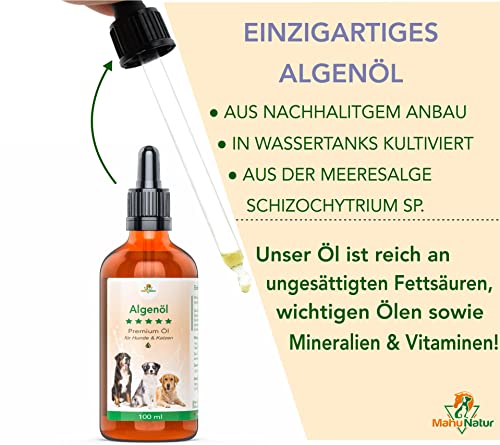 Mahu Natur 100 ml Algenöl Für Hunde - Vegane Und Nachhaltige Alternative Aus Mikropflanzen - Nachhaltige Glasflasche Mit Glaspipette