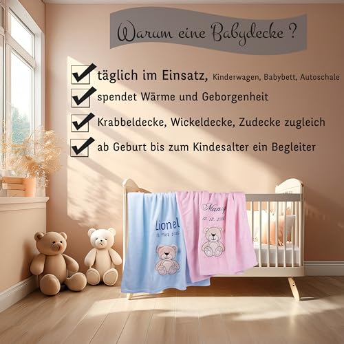 Wuff-Dogsworld Kuschlige Babydecke SUPER FLAUSCHIG Bestickt mit Namen und Datum Viele Farben zur Geburt für Jungen & Mädchen, Personalisierte Geschenke Baby, Babydecke personalisiert