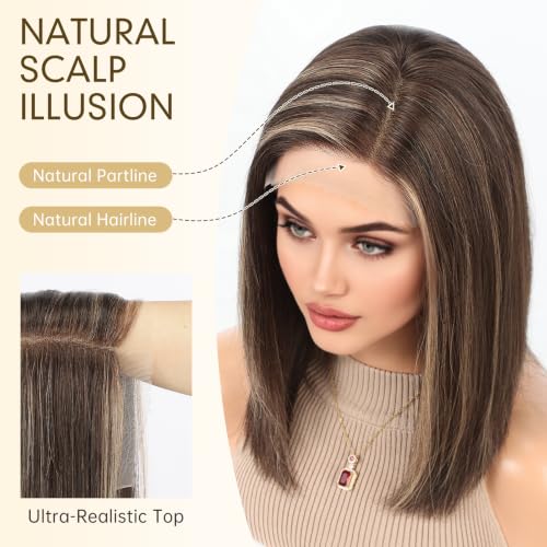 Image of KKU 100% Human Hair Wig, Lace Front Wigs Human Hair Side Part,Brown Mixed Blonde Wig Human Hair, Real Human Hair Wigs for Women(14Inch)