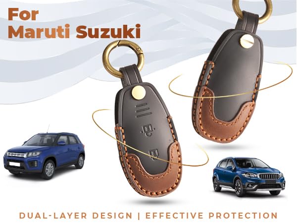 Image of Keyzone Dual Leather Key Cover for Baleno, Ciaz, Ignis, SCross, Vitara Brezza, Urban Cruiser 3 Button smart Key (Black-Brown)