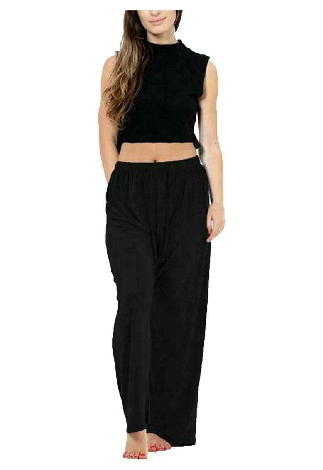 FAIRY TRENDZ LTD Womens ITY Palazzo Wide Leg Flared Loose Fit Ladies Drawstring Baggy Pants Plus Size Plain Trousers(Black UK 26-28)