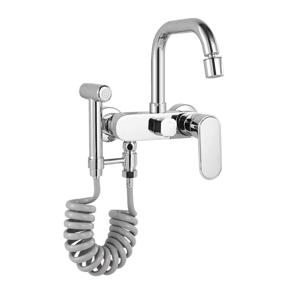 Giratorio de Grifo de Cocina de Pared, Fregadero de Cocina Lavadero Latón Cromado en Pared con Ducha Grifo de Agua Frío y Caliente-Cromo