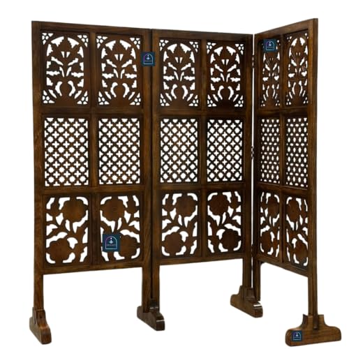 Image of Wooden Room Partition Screen with Burnt Wood Finish | Hand Buffed Traditional Handicraft Room Divider | 6 Ft Height Indoor Room Separator (3 Panel 4 Feet with Stands)