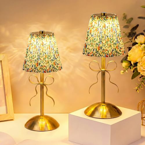 Image of Liliful 2 Pcs Cordless Table Lamp Rechargeable Touch LED Small Gold Portable Battery Operated USB-c Desk Lamp 3 Color Dimmable for Bedroom Living Room Dining (Gold,Floral Style Bow)