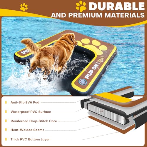 Beyond Marina Dog Pool Ramp - Inflatable Dog Water & Boat Ramp for Lake, Floating Pontoon Dock Ladder with Non-Slip EVA, PUP ON Full EVA, Extra Large 59" x 47" x 6", Teak/Yellow, Supports 250 lbs by BEYOND MARINA - Used condition - Image 4