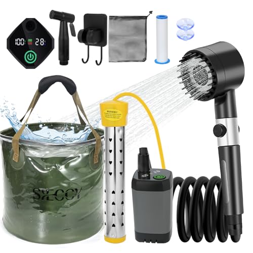Portable Shower with Heater, 6000mAh Battery-Powered Portable Camping Shower Pump with 1500W Auto-Off Heater, 6.6 Gal Foldable Bucket, Digital Display – Ideal for Hiking, RV, Dog Bathing